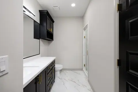 Bathroom with a long black vanity and a separate shower